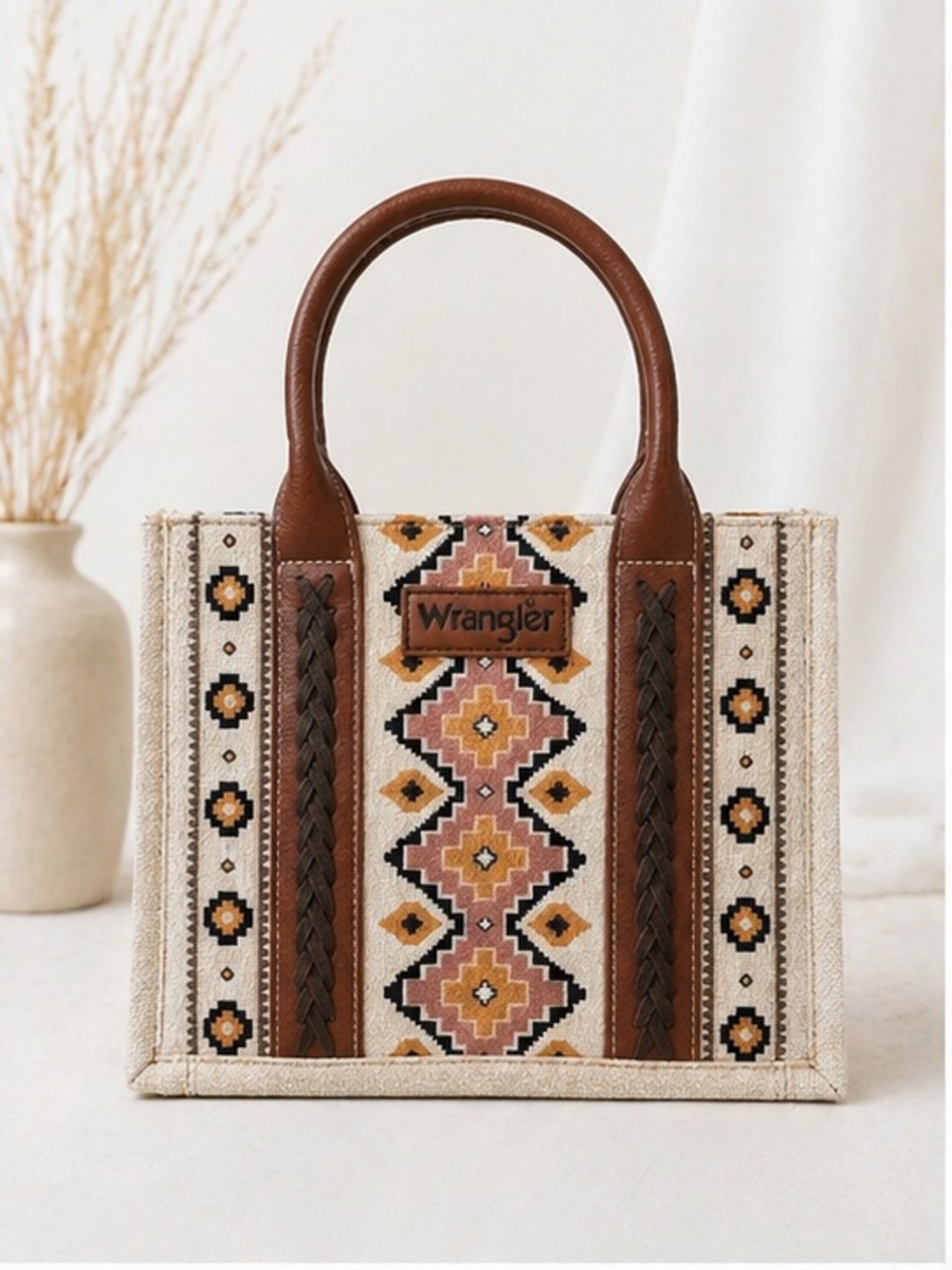 Wrangler Brown, Cream & Pink Geometric Embroidered Tote